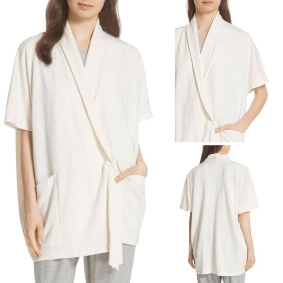 Eileen Fisher Ecru Oversized Cotton Terry Side Tie Kimono Wrap Jacket Large - Picture 1 of 15